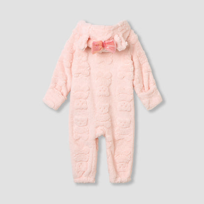 Juniors Bear Textured Hooded Rompers with Zip Closure