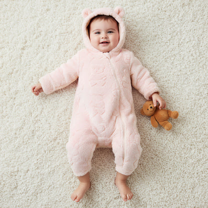 Juniors Bear Textured Hooded Rompers with Zip Closure