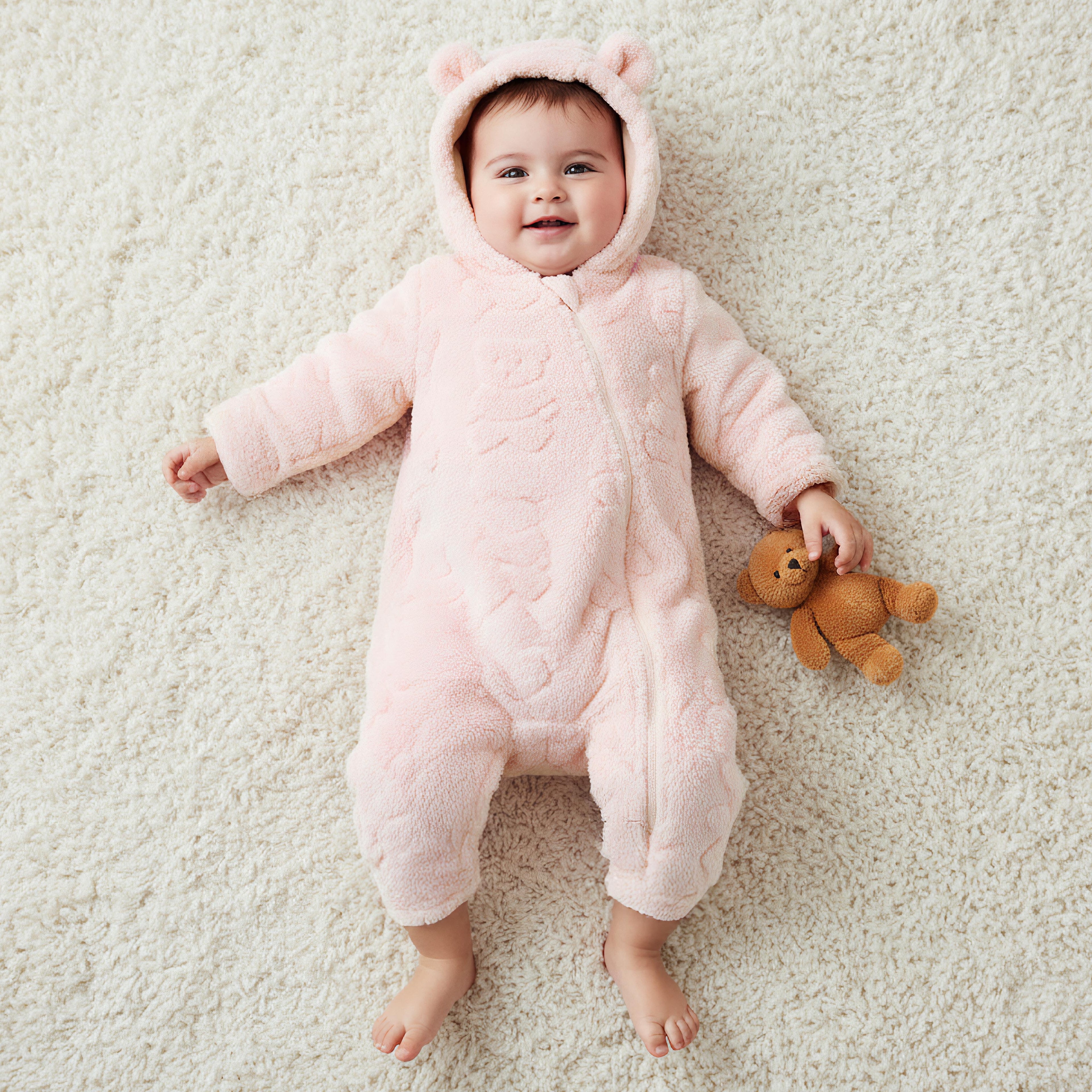 Juniors Bear Textured Hooded Rompers with Zip Closure