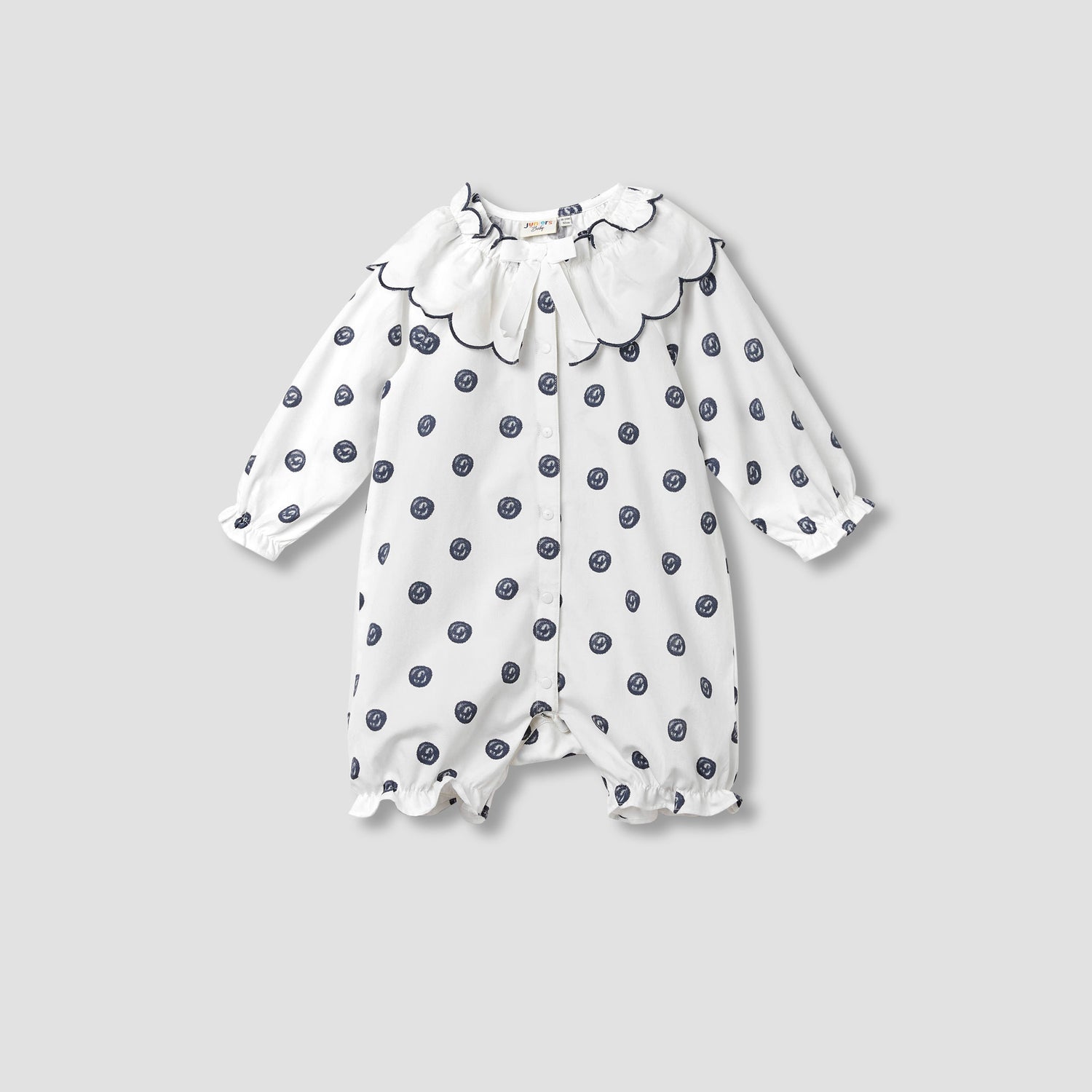 Juniors Printed Romper with Collar and Bow Accent - White / 12-18 mths