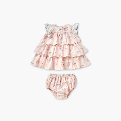 Juniors Cat Print Tiered Dress with Bloomers - Pink / 12-18 mths