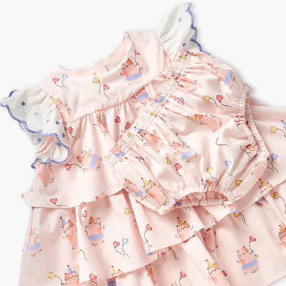 Juniors Cat Print Tiered Dress with Bloomers