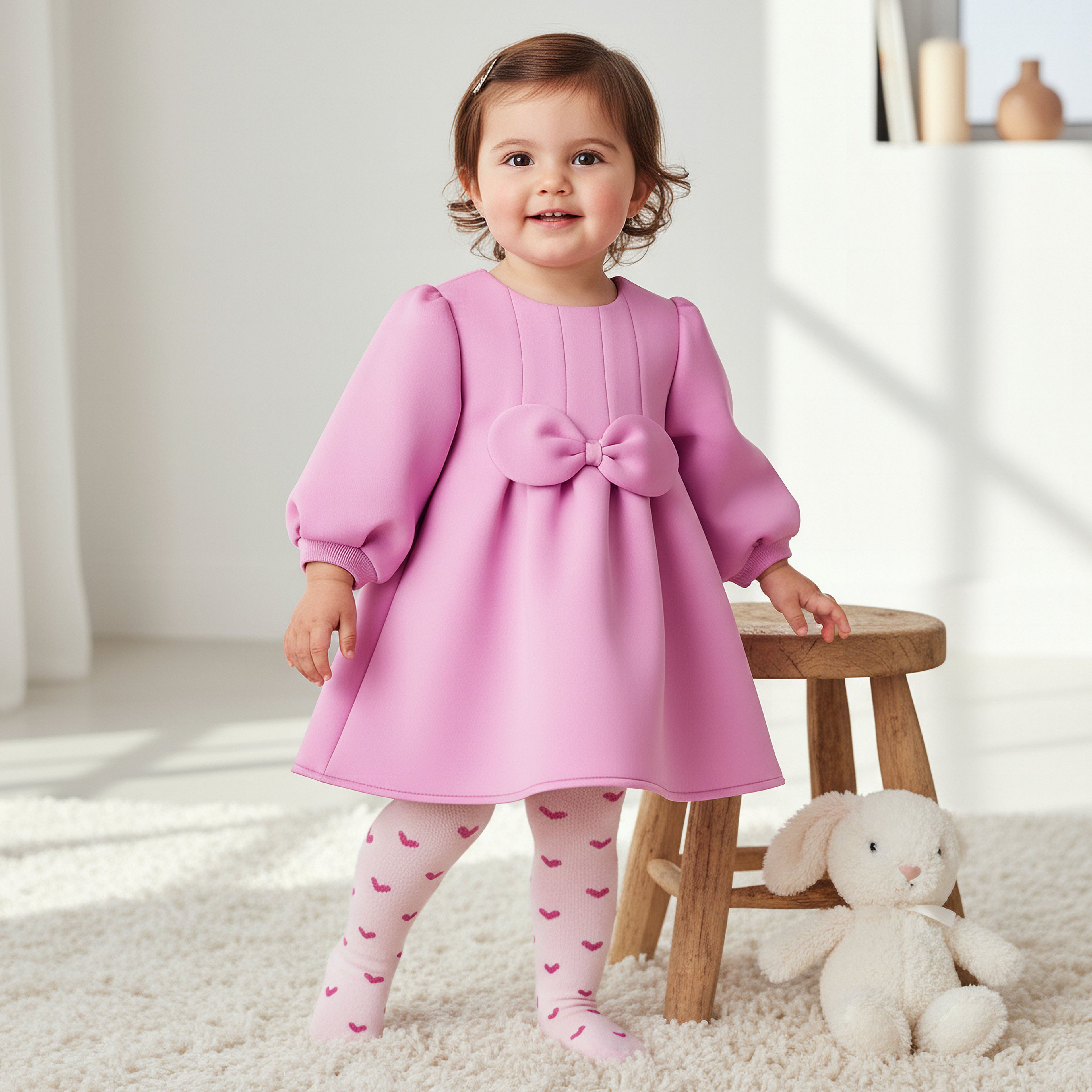 Juniors Bow Accent Dress with Long Sleeves and Stockings