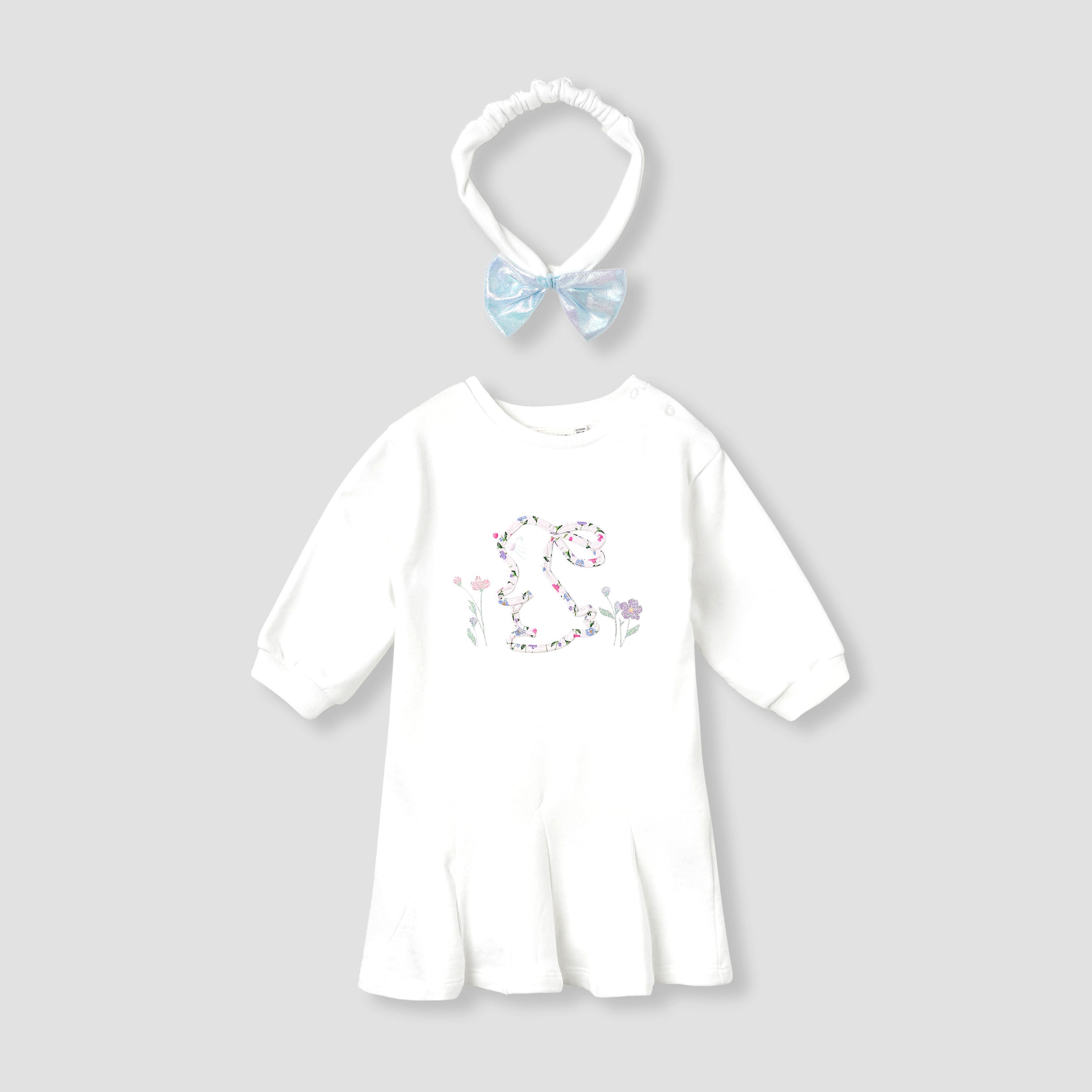 Juniors Bunny Applique Pleated Dress with Headband - White / 12-18 mths