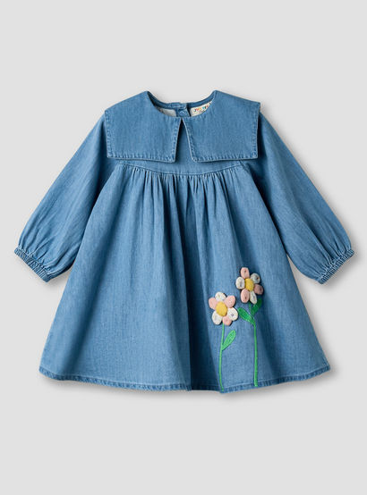 Juniors Round Sailor Neck Long Sleeve Denim Dress with Floral Embroidery-baby-girls-clothing-dressesandjumpsuits-image-2