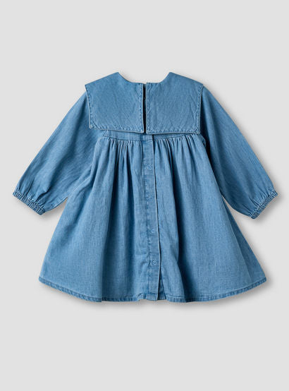 Juniors Round Sailor Neck Long Sleeve Denim Dress with Floral Embroidery-baby-girls-clothing-dressesandjumpsuits-image-3