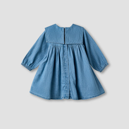 Juniors Round Sailor Neck Long Sleeve Denim Dress with Floral Embroidery