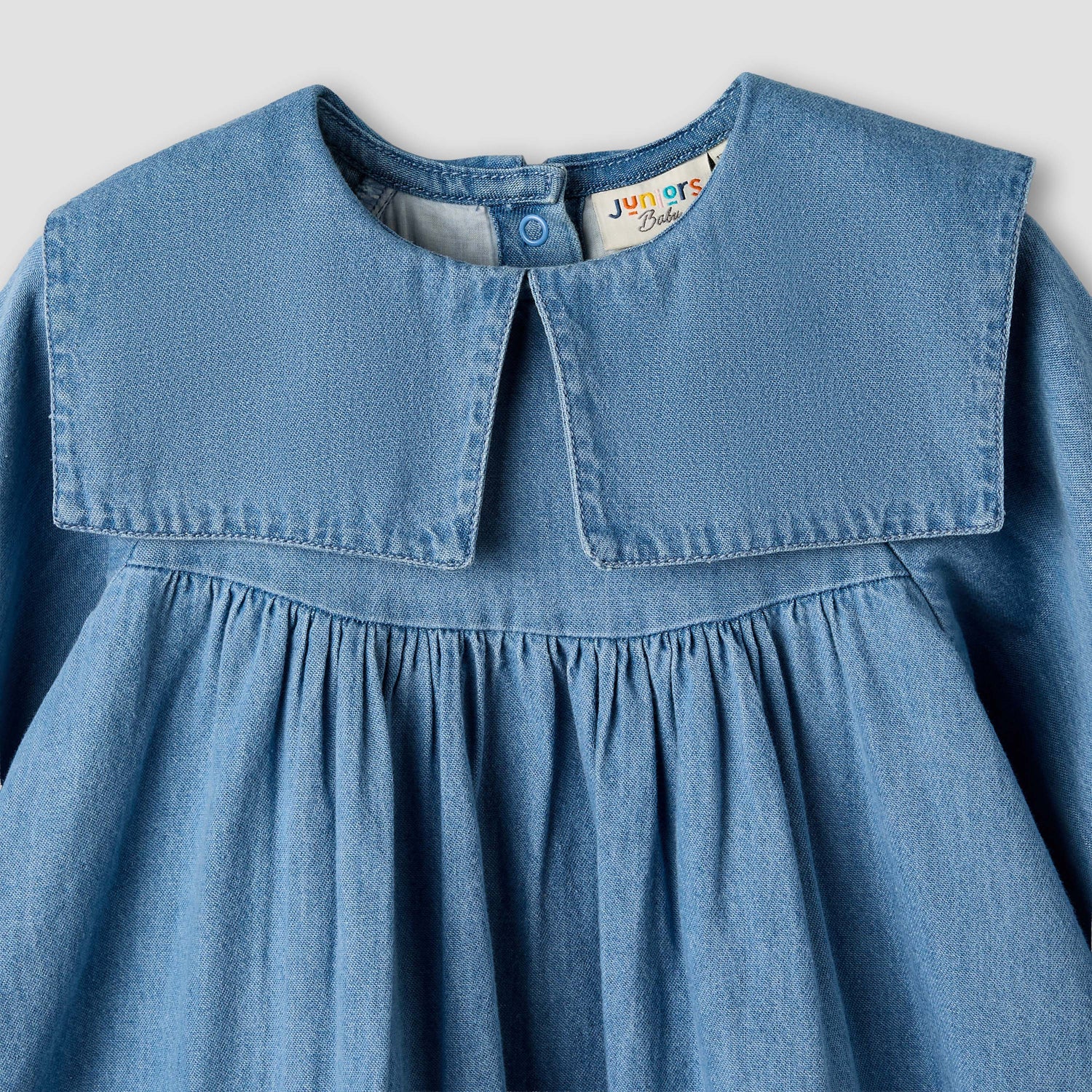 Juniors Round Sailor Neck Long Sleeve Denim Dress with Floral Embroidery