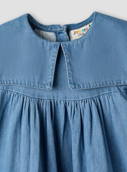 Juniors Round Sailor Neck Long Sleeve Denim Dress with Floral Embroidery-baby-girls-clothing-dressesandjumpsuits-image-4