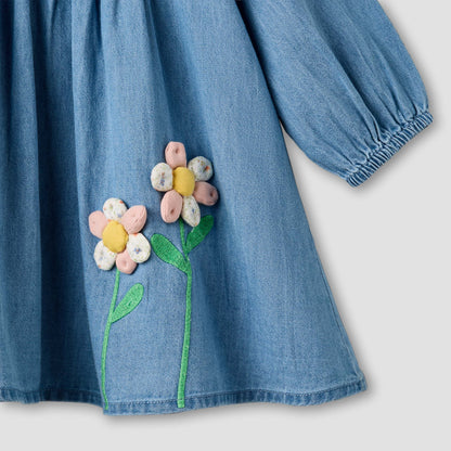 Juniors Round Sailor Neck Long Sleeve Denim Dress with Floral Embroidery