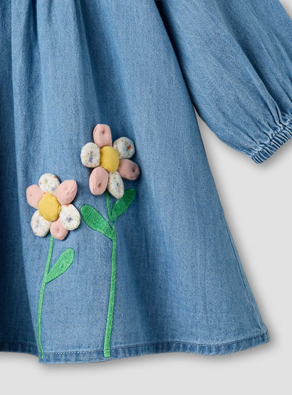 Juniors Round Sailor Neck Long Sleeve Denim Dress with Floral Embroidery-baby-girls-clothing-dressesandjumpsuits-image-5