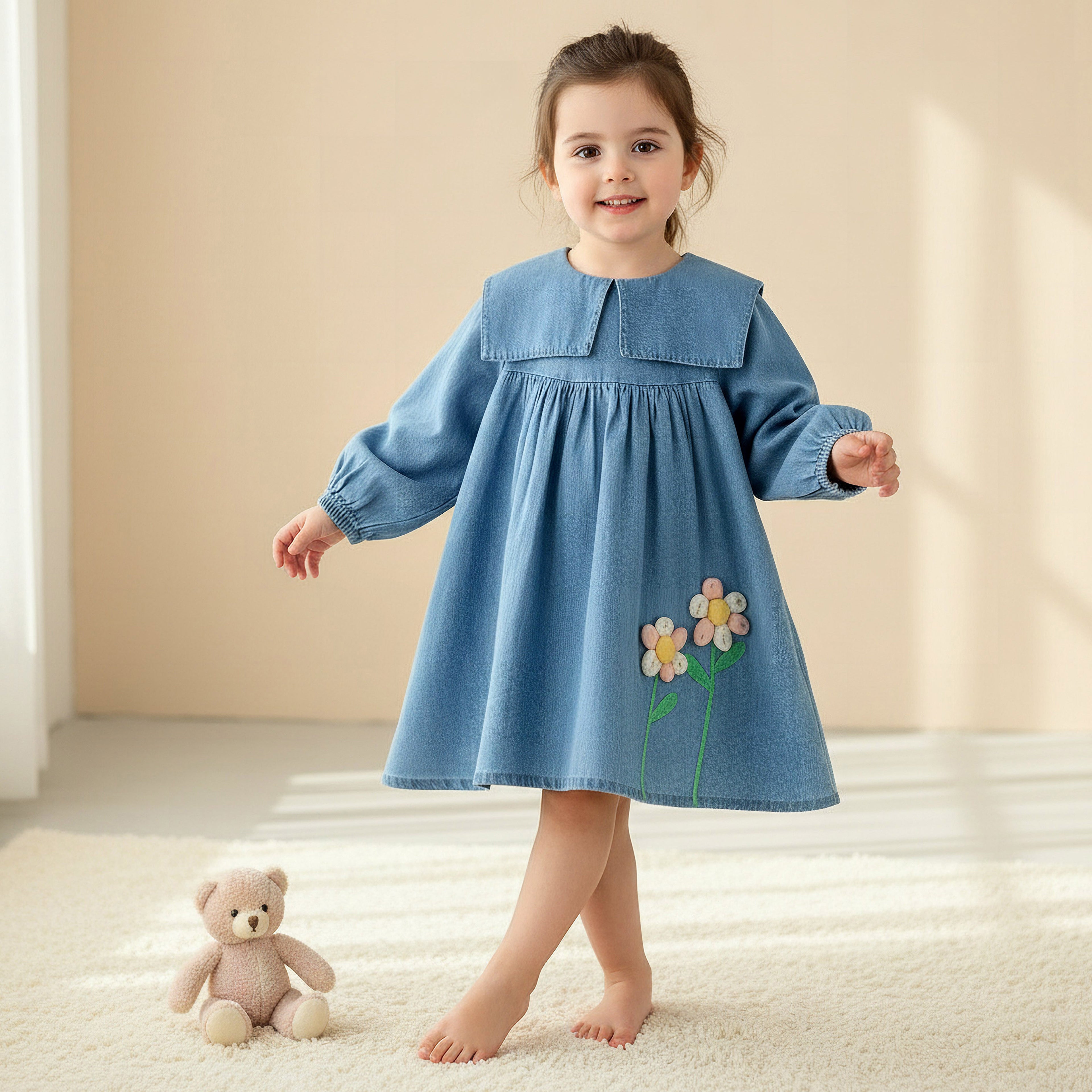 Juniors Round Sailor Neck Long Sleeve Denim Dress with Floral Embroidery - Blue / 12-18 mths