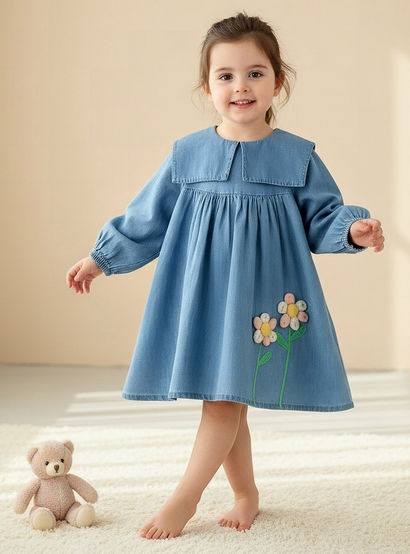 Juniors Round Sailor Neck Long Sleeve Denim Dress with Floral Embroidery-baby-girls-clothing-dressesandjumpsuits-image-1