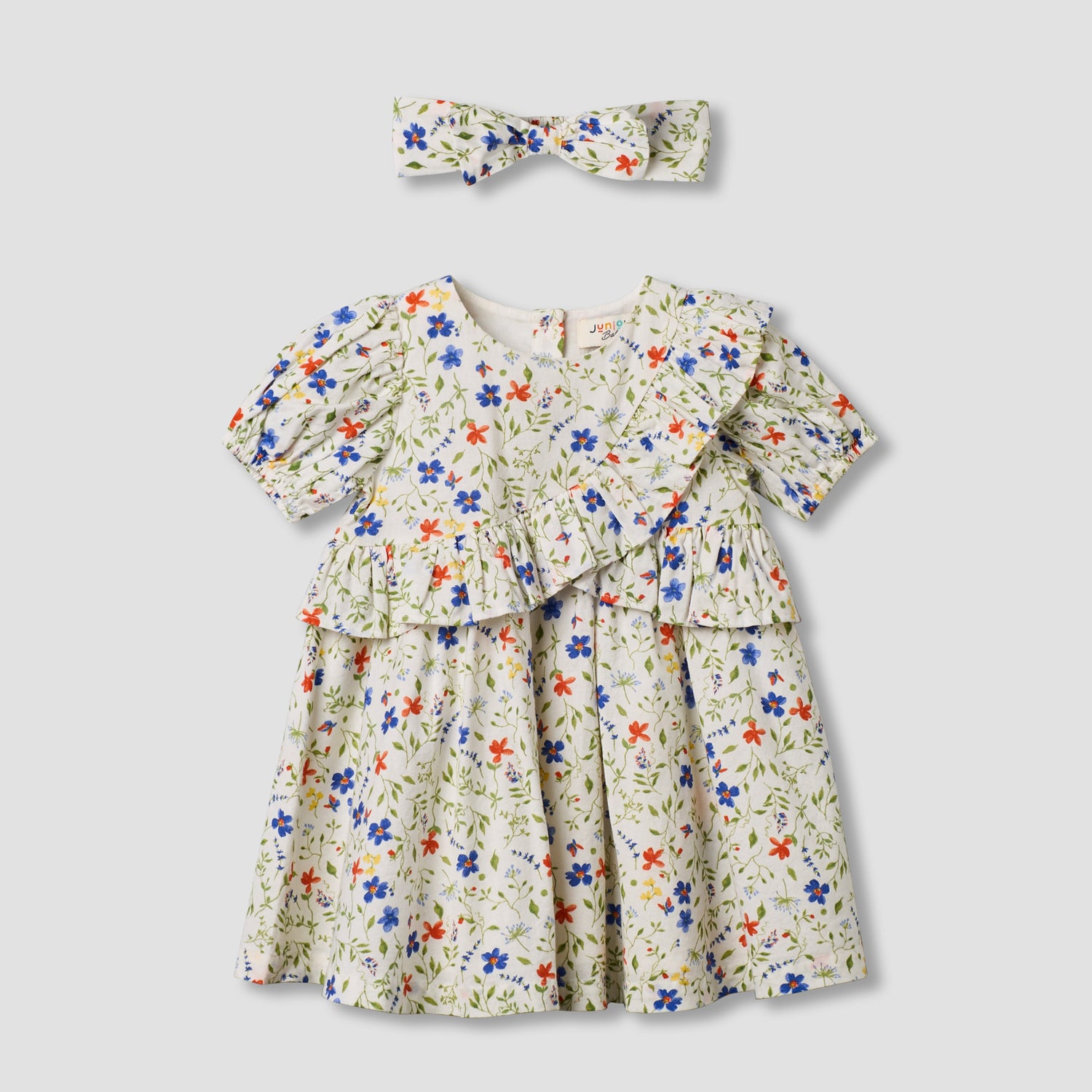 Juniors Round Neck Short Sleeves A-line Dress with Headband - Multicolour / 12-18 mths