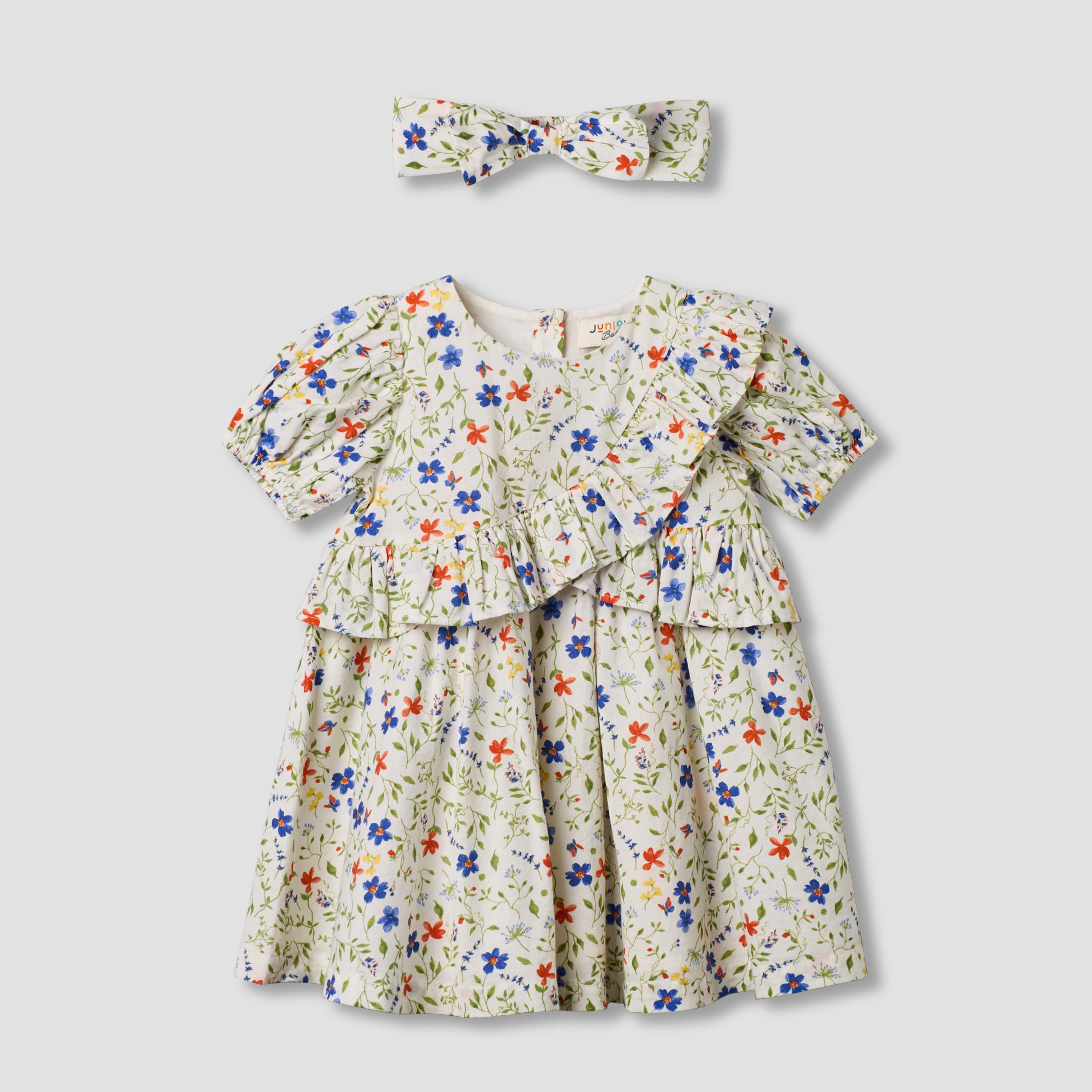 Juniors Round Neck Short Sleeves A-line Dress with Headband - Multicolour / 12-18 mths
