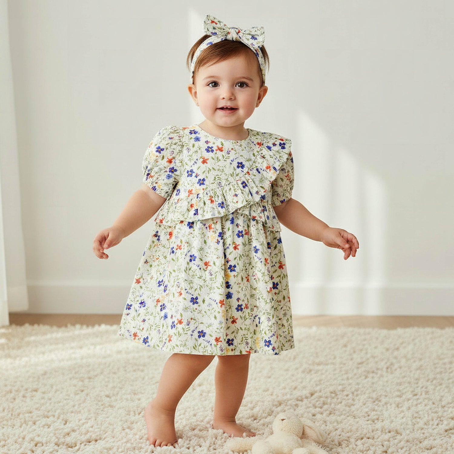 Juniors Round Neck Short Sleeves A-line Dress with Headband - Multicolour / 12-18 mths