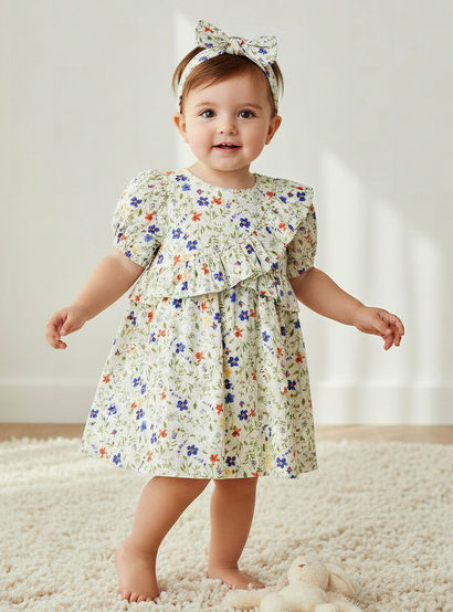 Juniors Round Neck Short Sleeves A-line Dress with Headband-baby-girls-clothing-dressesandjumpsuits-image-1