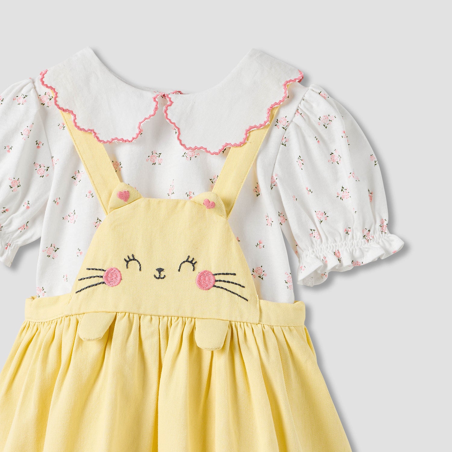 Juniors Cat Embroidered Pinafore and Collared Top Set