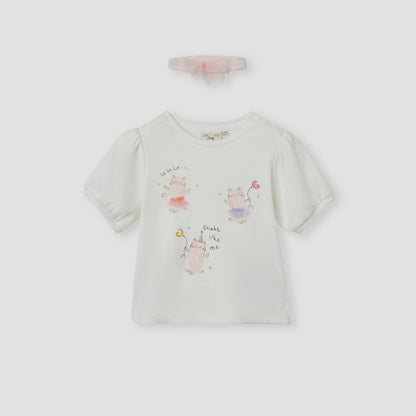 Juniors Cat Print Top with Crew Neck and Headband Set - Multicolour / 12-18 mths