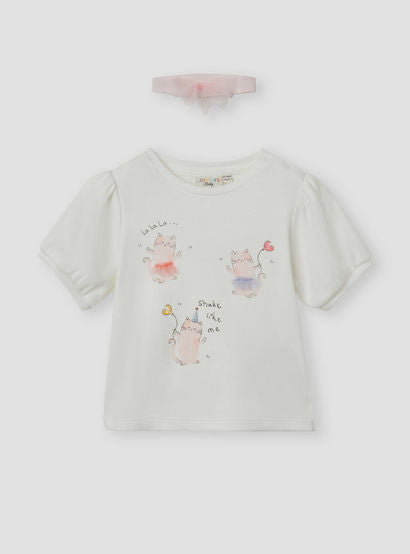 Juniors Cat Print Top with Crew Neck and Headband Set-baby-girls-clothing-setsandcoords-image-2