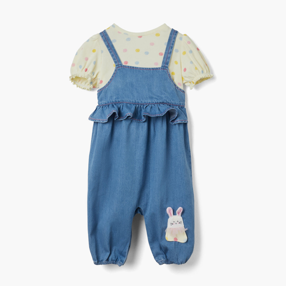 Juniors Bunny Applique Dungaree and Polka Dot Print T-shirt Set - Multicolour / 18-24 mths