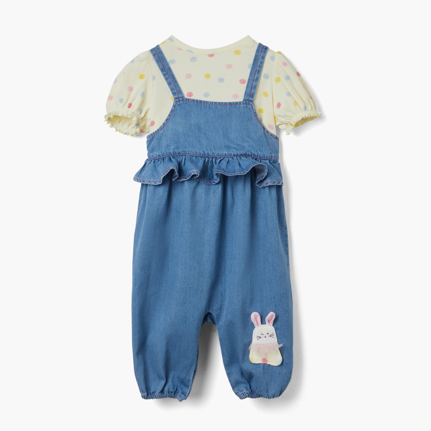 Juniors Bunny Applique Dungaree and Polka Dot Print T-shirt Set - Multicolour / 18-24 mths