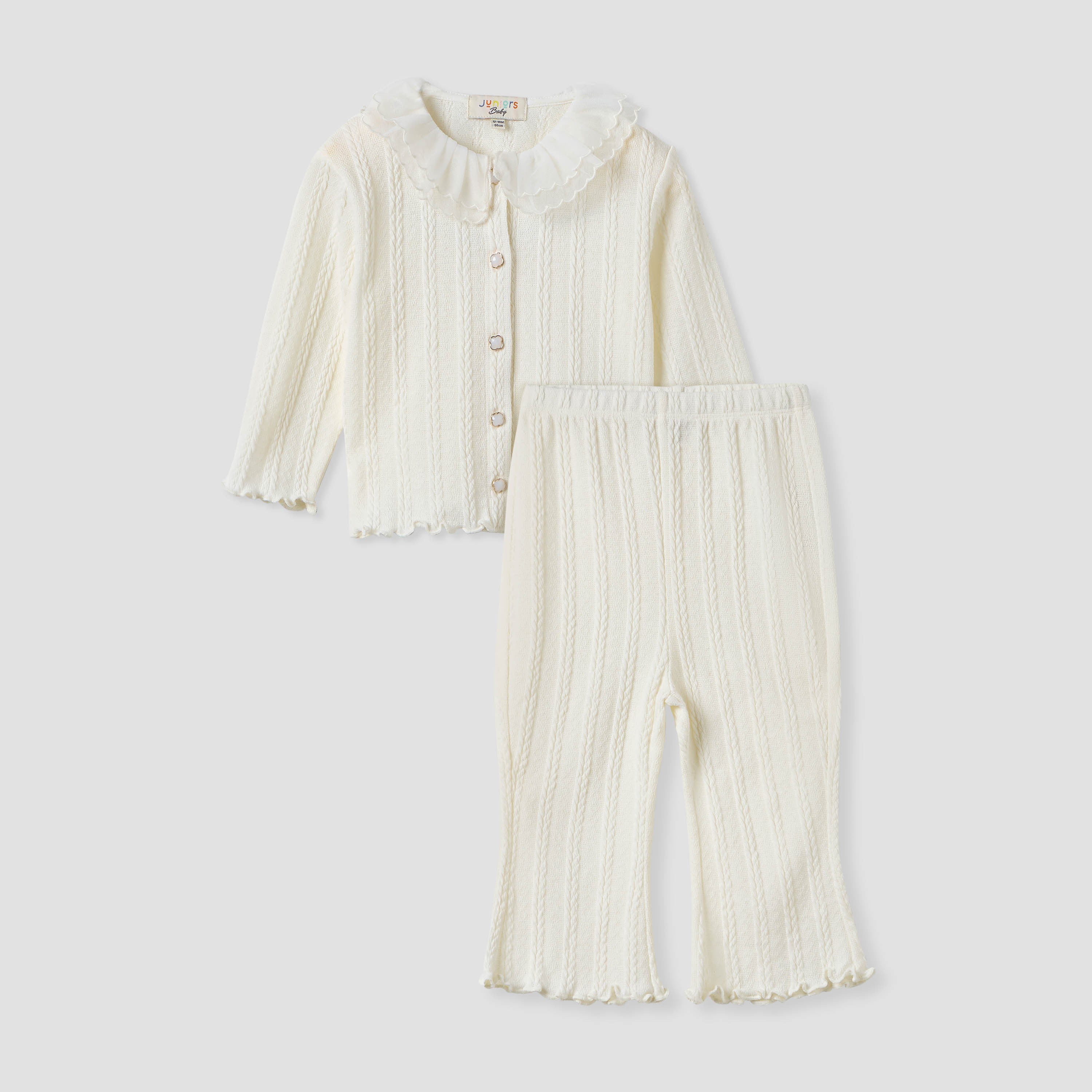 Juniors Textured Button Through Top and Pants Set - Cream / 18-24 mths