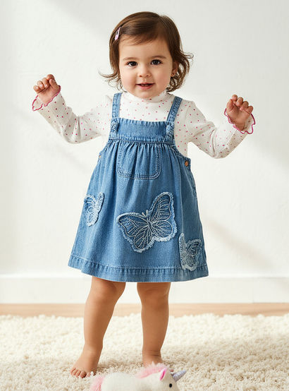 Juniors Girls T-shirt and Pinafore Set with Butterfly Applique - Cotton - Long Sleeves - Turtleneck-baby-girls-clothing-setsandcoords-image-1