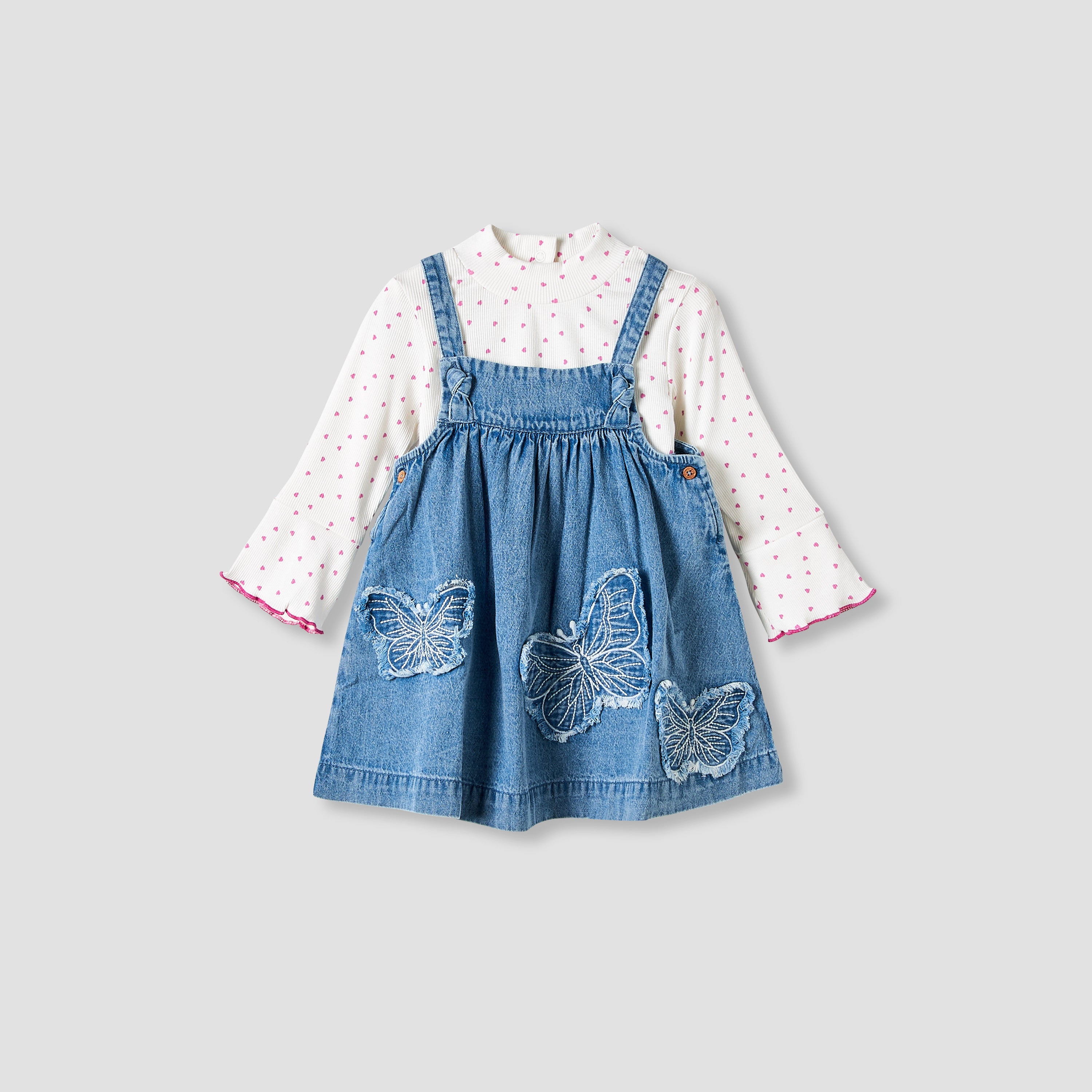 Juniors Girls T-shirt and Pinafore Set with Butterfly Applique - Cotton - Long Sleeves - Turtleneck