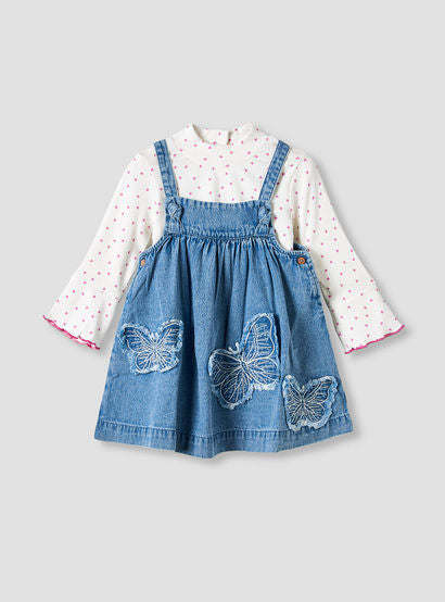 Juniors Girls T-shirt and Pinafore Set with Butterfly Applique - Cotton - Long Sleeves - Turtleneck-baby-girls-clothing-setsandcoords-image-2