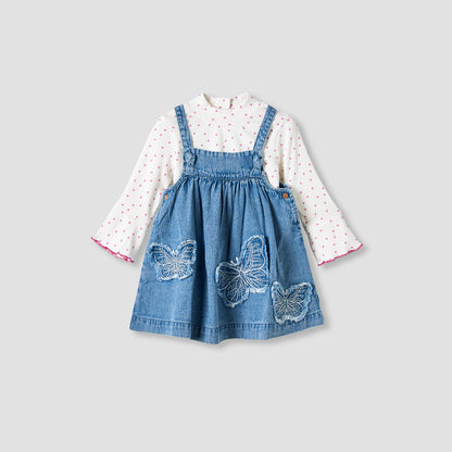 Juniors Girls T-shirt and Pinafore Set with Butterfly Applique - Cotton - Long Sleeves - Turtleneck
