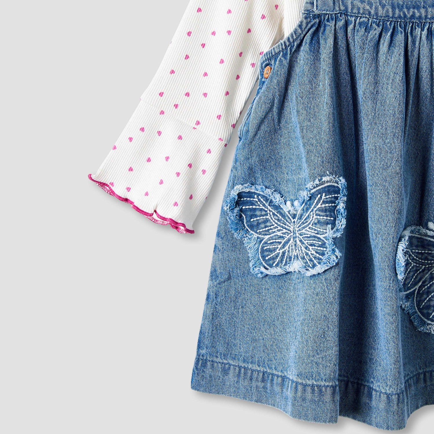 Juniors Girls T-shirt and Pinafore Set with Butterfly Applique - Cotton - Long Sleeves - Turtleneck