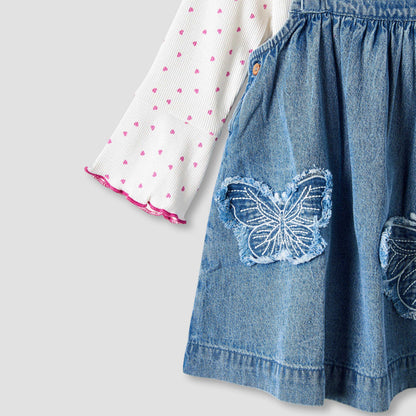 Juniors Girls T-shirt and Pinafore Set with Butterfly Applique - Cotton - Long Sleeves - Turtleneck