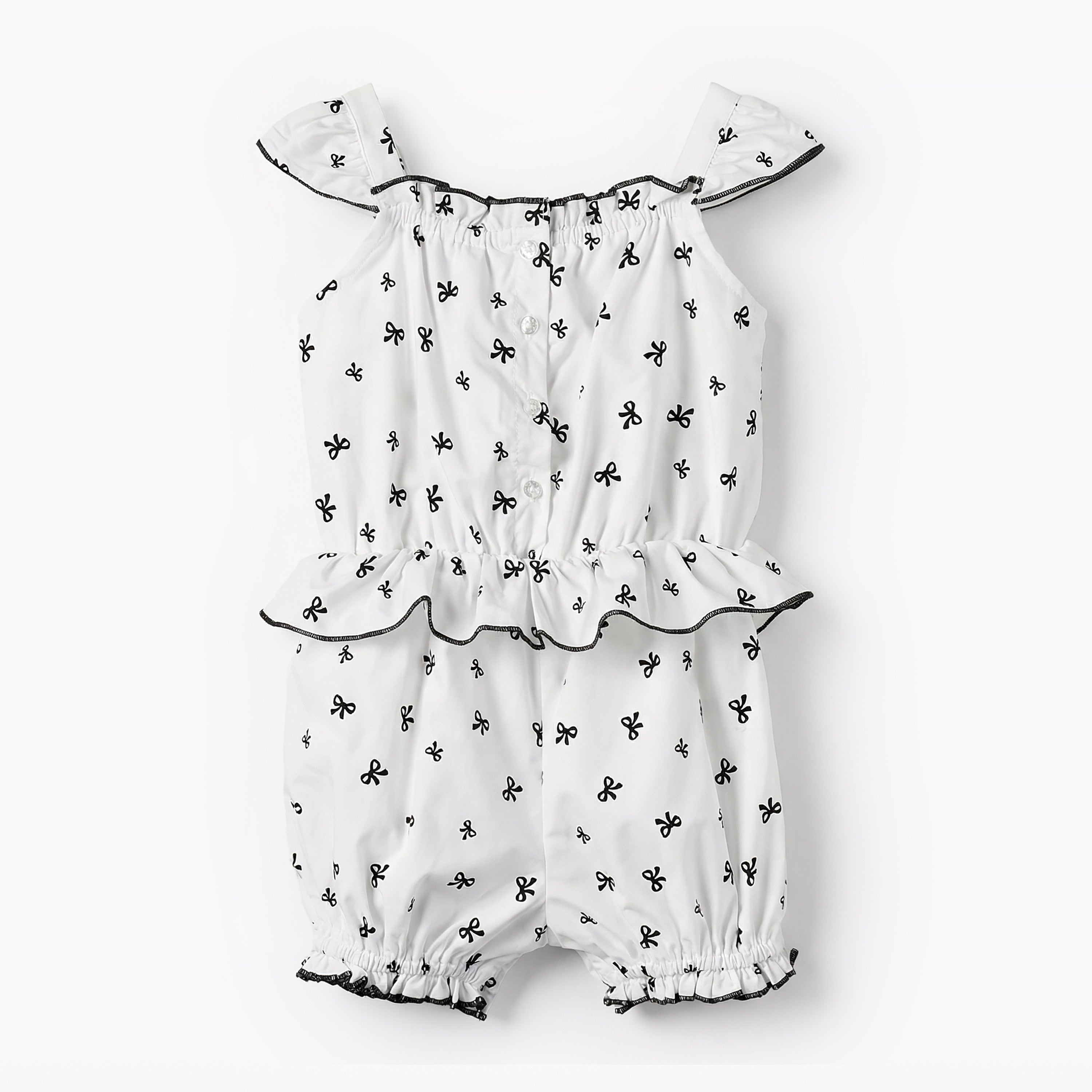 Juniors Square Neck Cap Sleeves Romper with Bow Print - White / 12-18 mths
