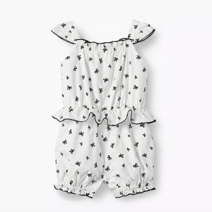 Juniors Square Neck Cap Sleeves Romper with Bow Print