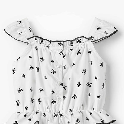 Juniors Square Neck Cap Sleeves Romper with Bow Print