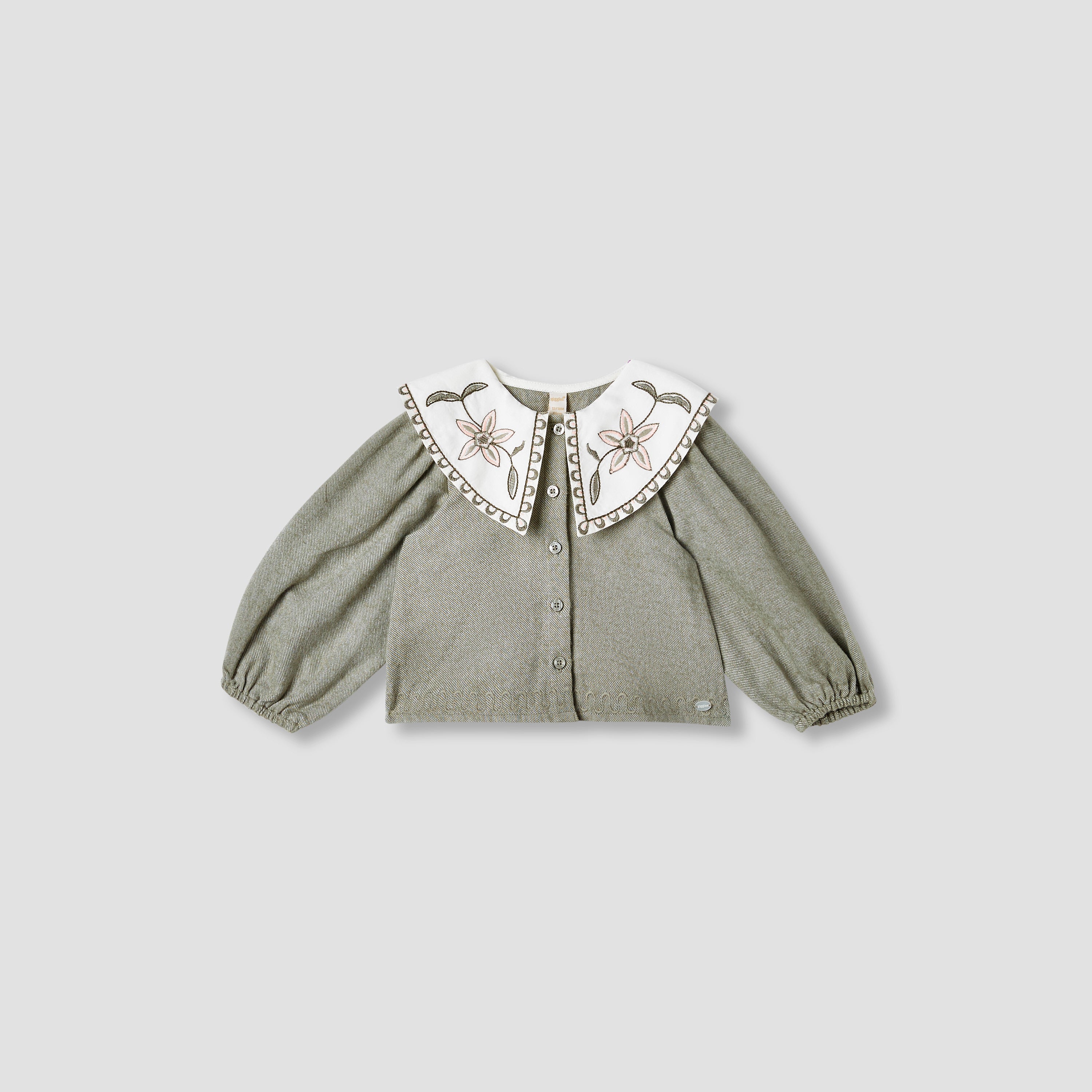 Giggles Embroidered Peter Pan Collar Shirt with Long Sleeves - Green / 12-18 mths