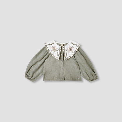 Giggles Embroidered Peter Pan Collar Shirt with Long Sleeves - Green / 12-18 mths