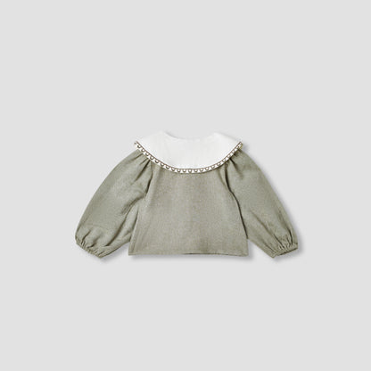 Giggles Embroidered Peter Pan Collar Shirt with Long Sleeves