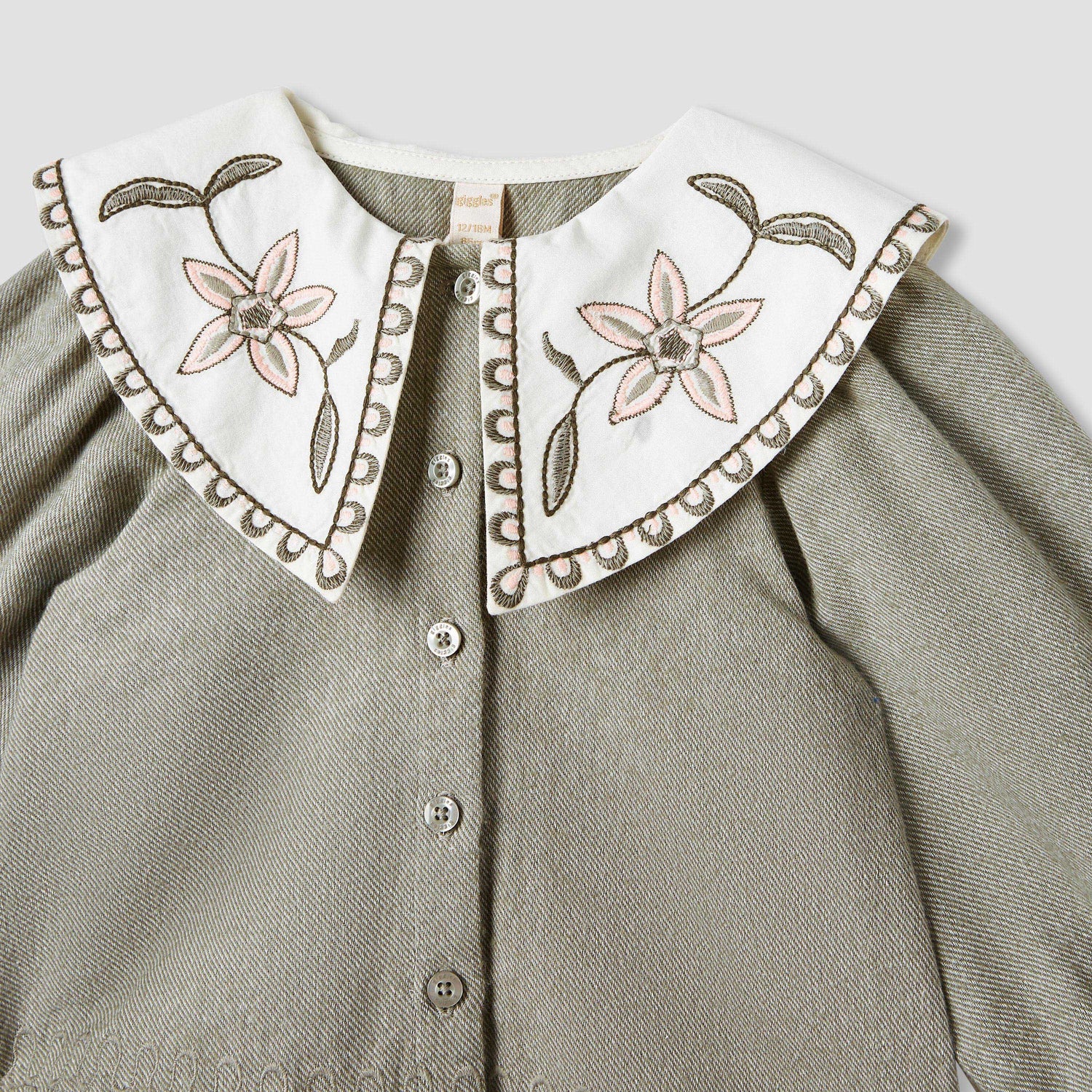 Giggles Embroidered Peter Pan Collar Shirt with Long Sleeves