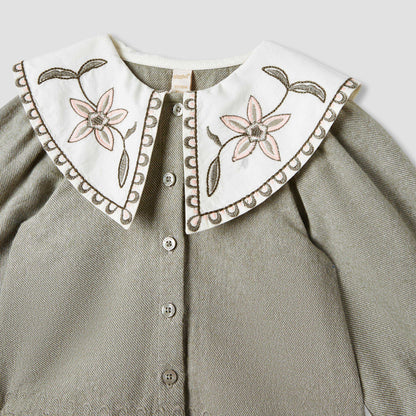Giggles Embroidered Peter Pan Collar Shirt with Long Sleeves