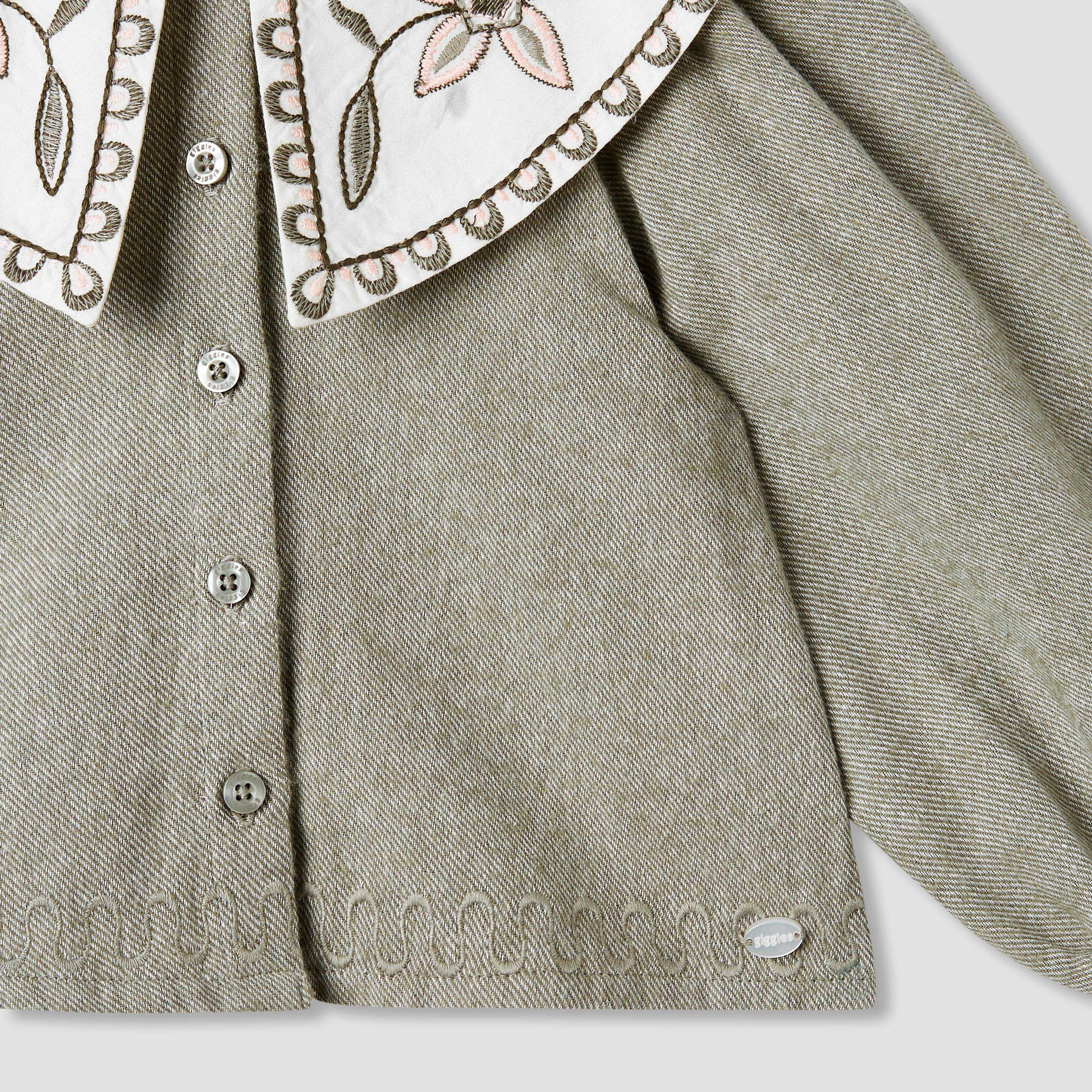 Giggles Embroidered Peter Pan Collar Shirt with Long Sleeves