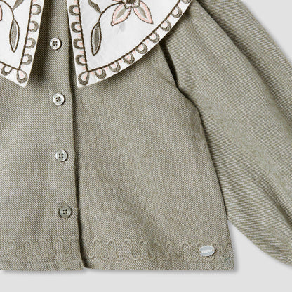 Giggles Embroidered Peter Pan Collar Shirt with Long Sleeves
