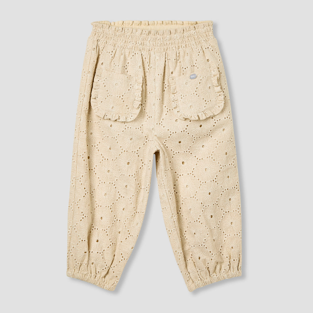 Giggles Schiffli Embroidered Pants with Elasticated Waistband - Beige / 12-18 mths