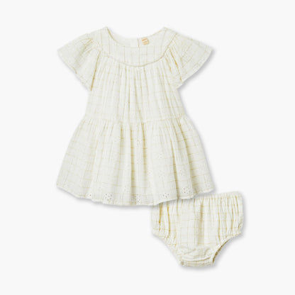 Giggles Checked Tiered Dress with Flutter Sleeves and Bloomers - Cream / 12-18 mths