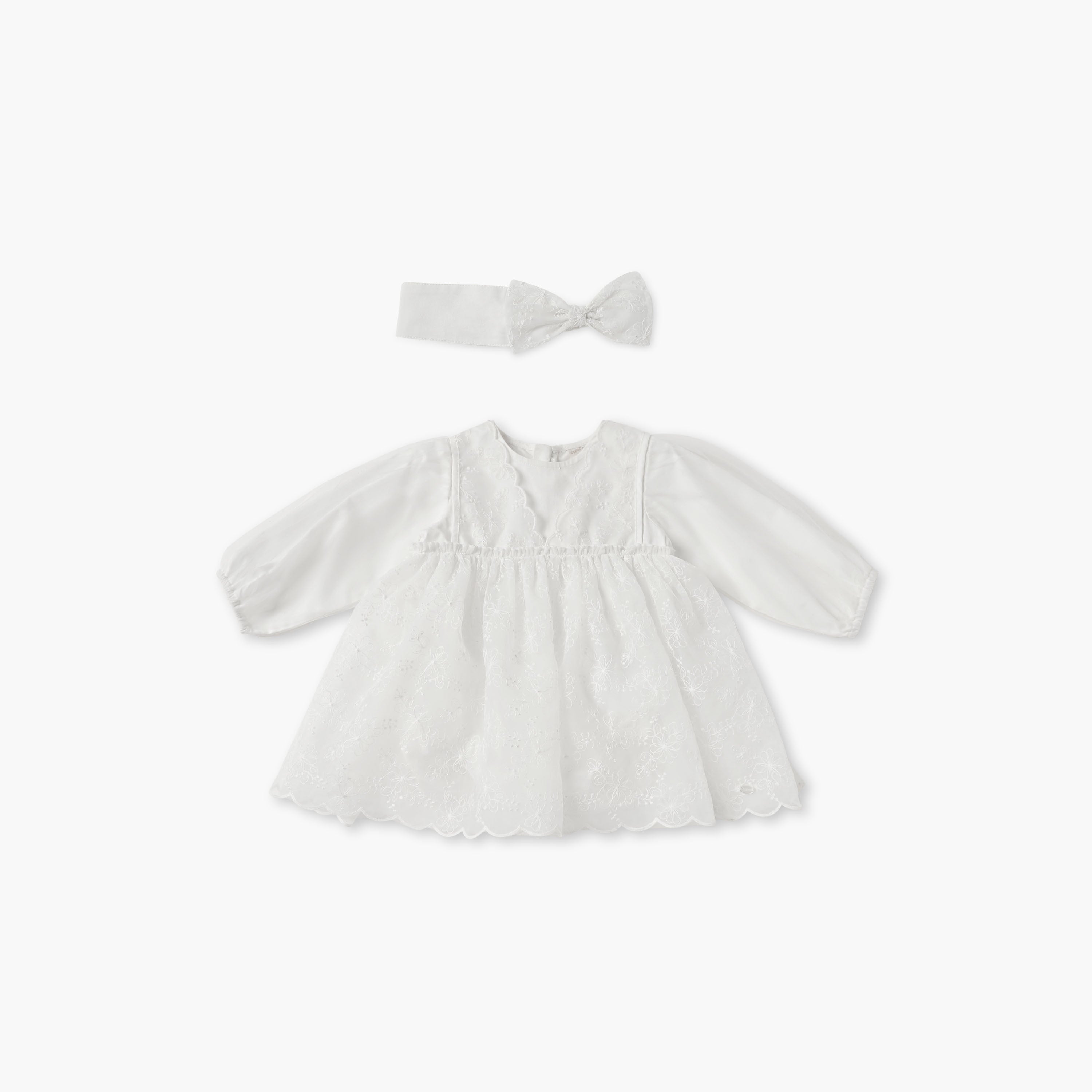 Giggles Floral Embroidered Dress with Headband - White / 12-18 mths