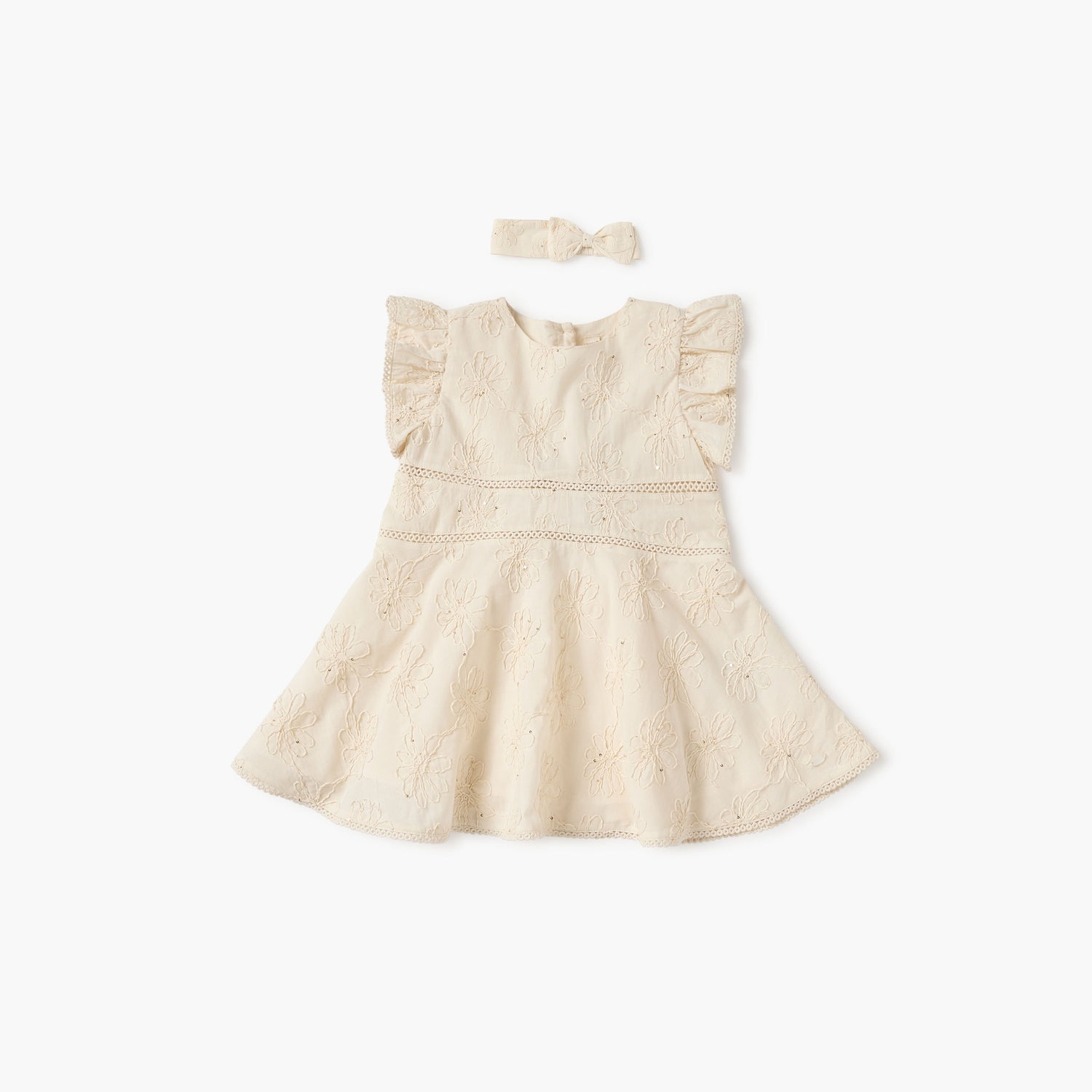 Giggles Embroidered Dress with Headband - Cream / 12-18 mths