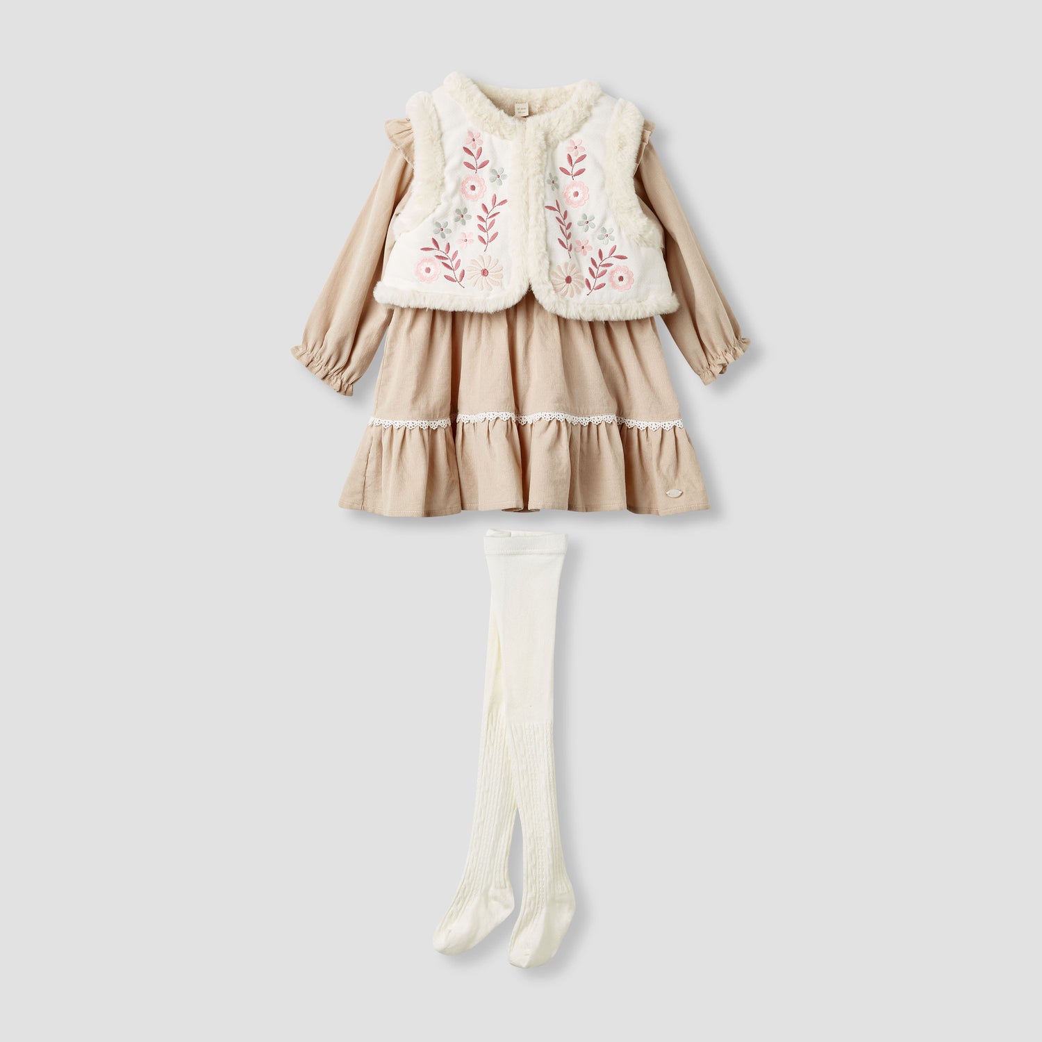 Giggles Embroidered Tiered Dress with Sweater and Stockings