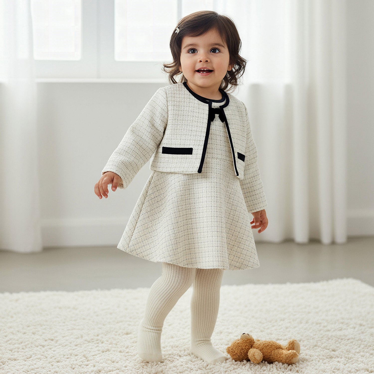 Giggles Textured Dress with Jacket and Stockings - White / 12-18 mths