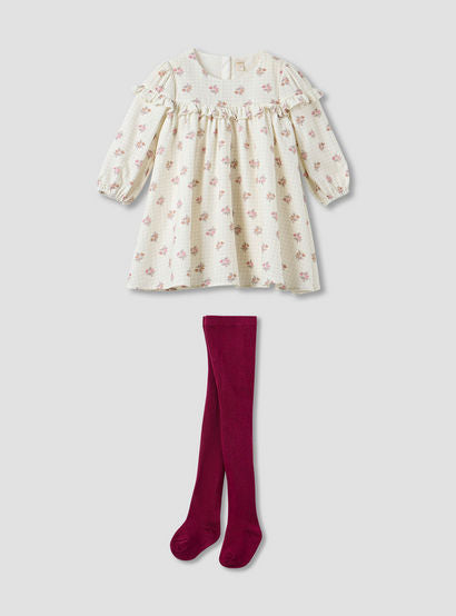Giggles Floral Print Ruffle Dress and Tights Set-baby-girls-clothing-winterwear-dresses-image-1